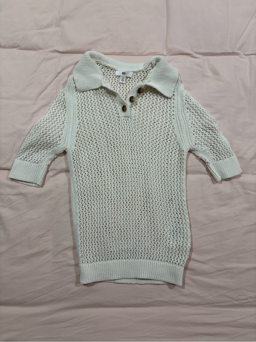 bp Cream Open-Knit V-Neck Polo Sweater